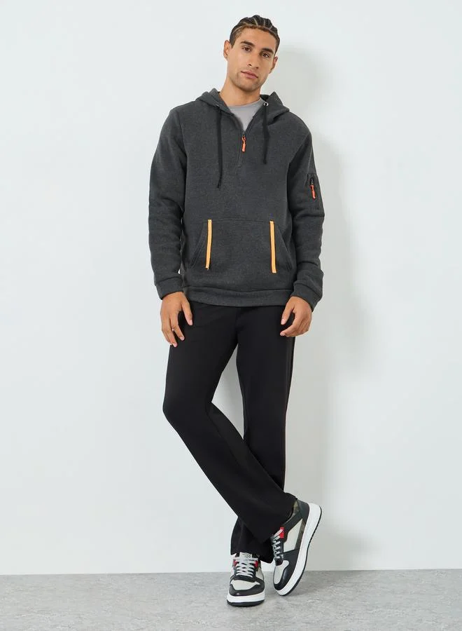 تايك تو Men Grey Half-Zip Hoodie with Kangaroo Pocket